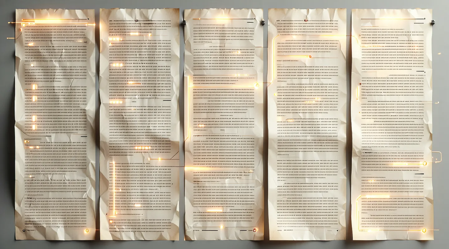 Abstract visualization of contract clauses being scanned and triaged, with highlighted exception terms glowing amber against a dark document background